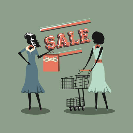 women with retro shopping cart and handbag sale commerce vector illustrationのイラスト素材