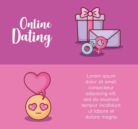 Online dating Infographic with gift box and in love emoji icon, colorful design. vector illustrationのイラスト素材