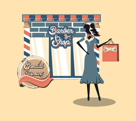 retro shopping store woman with bag vector illustrationのイラスト素材