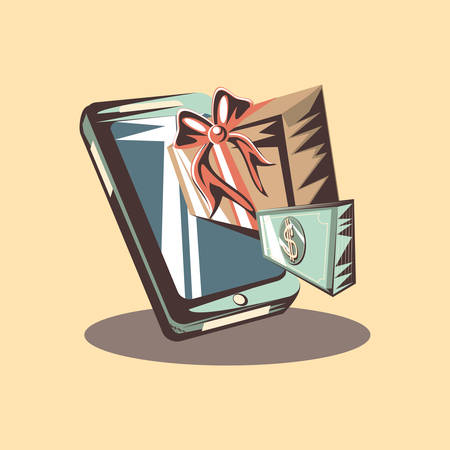 retro shopping cellphone gift box banknote money vector illustrationのイラスト素材
