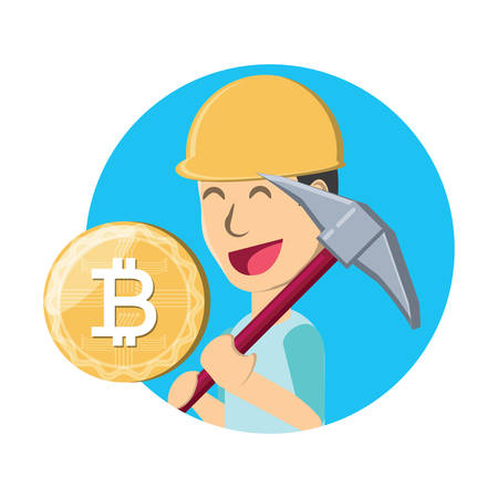cryptocurrency mining design with cartoon man holding a pickaxe and bitcoin coin icon over white background, vector illustrationのイラスト素材