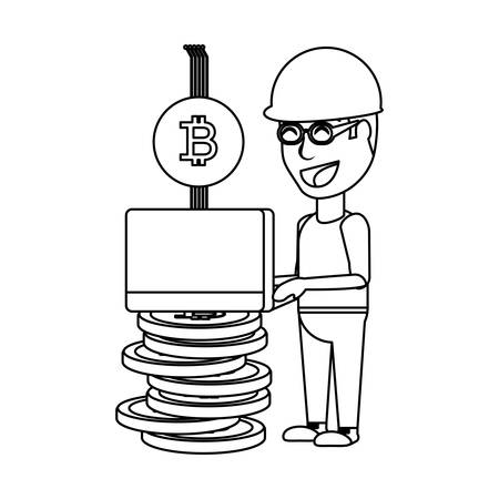 cryptocurrency mining design with man and laptop computer with bitcoin symbol icon over white background, vector illustrationのイラスト素材