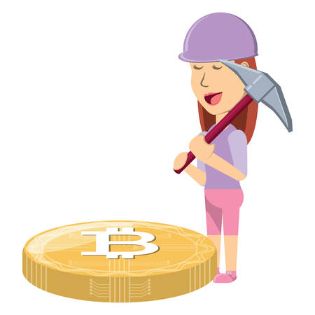 Cryptocurrency mining design  with woman holding a pickaxe and bitcoin coin icon over white background, vector illustrationのイラスト素材