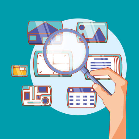 hand holding magnifying glass social media applications vector illustrationのイラスト素材