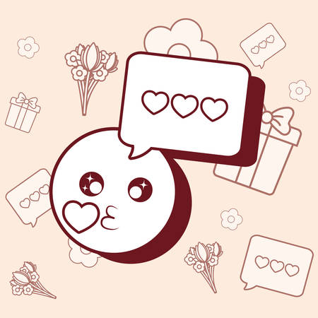 Online dating design with kiss emoji and related icons over orange background, colorful line design. vector illustrationのイラスト素材