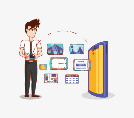 man with smartphone transfer data social media vector illustrationのイラスト素材