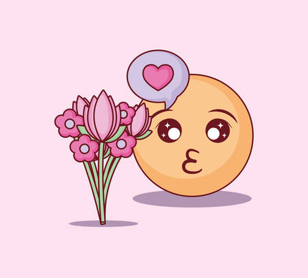 Online dating design with kiss emoji and flowers bouquet over pink background, colorful design. vector illustrationのイラスト素材