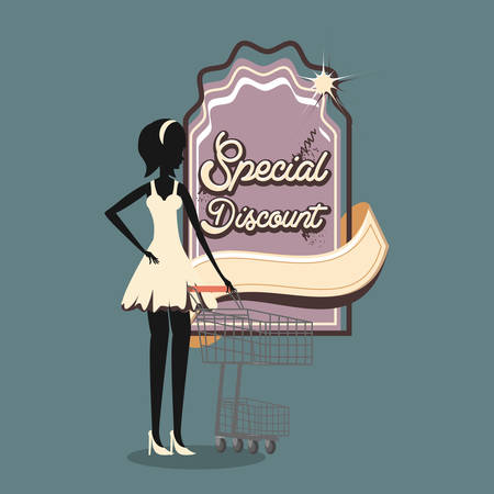 woman shopping cart retro special discount emblem vector illustrationのイラスト素材