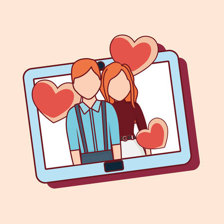 Online dating design with tablet and avatar couple over orange background, colorful design. vector illustrationのイラスト素材