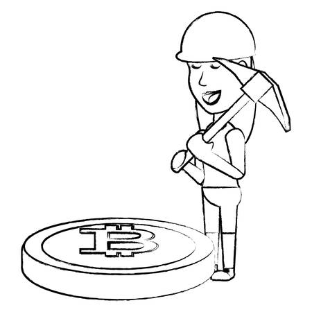Cryptocurrency mining design  with woman holding a pickaxe and bitcoin coin icon over white background, vector illustrationのイラスト素材