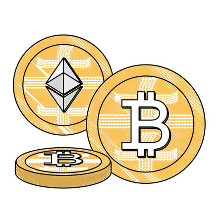 bitcoin and ethereum coins icon over white background, vector illustrationのイラスト素材