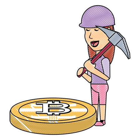 Cryptocurrency mining design  with woman holding a pickaxe and bitcoin coin icon over white background, vector illustrationのイラスト素材