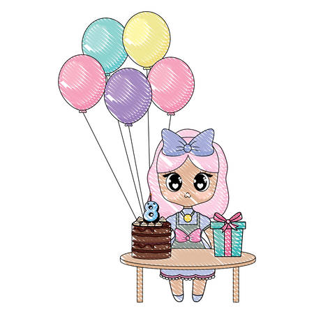 Happy birthday design with asian girl with table  with balloons and birthday cake over white background, vector illustrationのイラスト素材