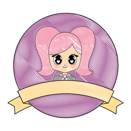 Decorative ribbon with cute Anime girl icon over white background, vector illustrationのイラスト素材
