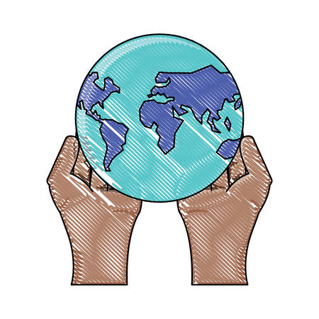 hands with earth planet over white background, vector illustrationのイラスト素材