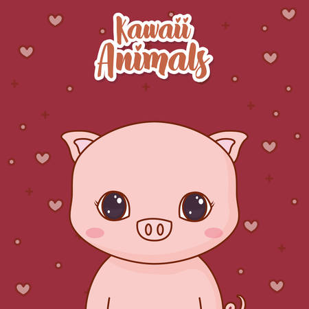 Kawaii pig icon and decorative hearts around over red background, colorful design. vector illustrationのイラスト素材