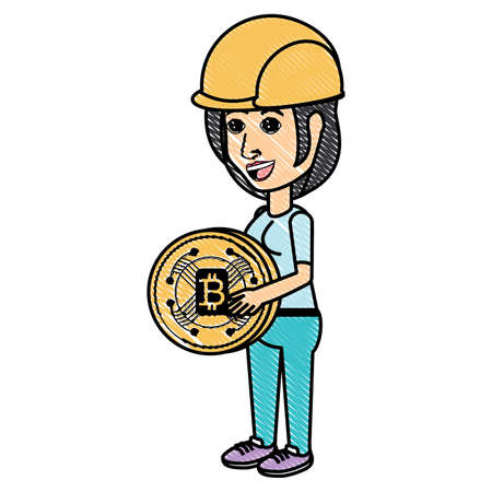 cartoon woman with safety helmet and bitcoin coin over white background, vector illustrationの写真素材