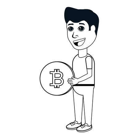 cartoon man holding a bitcoin coin over white background, vector illustrationのイラスト素材