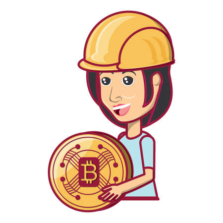 cartoon woman with safety helmet and bitcoin coin over white background, vector illustrationの写真素材