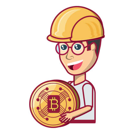 cartoon man with safety helmet and holding a bitcoin coin over white background, vector illustrationの写真素材