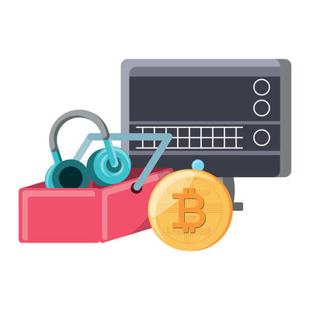 computer and shopping basket with headphones and bitcoin symbol over white background, vector illustrationのイラスト素材
