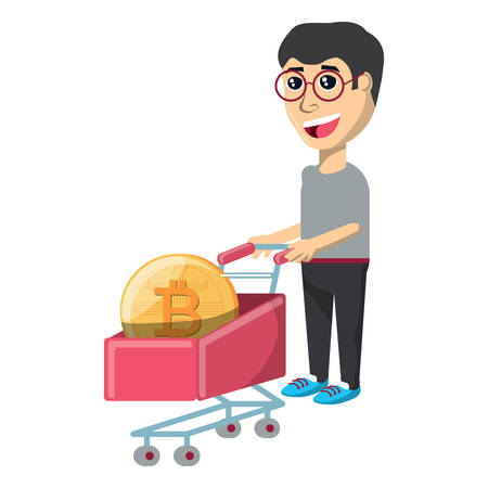 cartoon man with shopping cart with bitcoin coin over white background, vector illustrationのイラスト素材