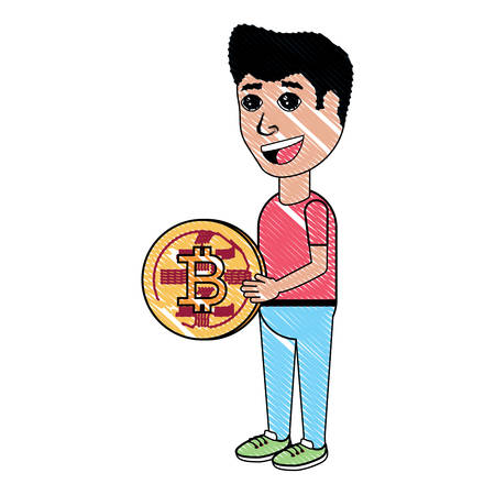 cartoon man holding a bitcoin coin over white background, vector illustrationのイラスト素材
