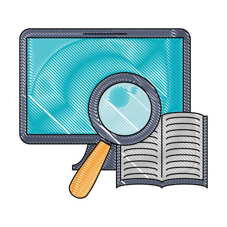computer with book and lupe over white background, vector illustrationのイラスト素材