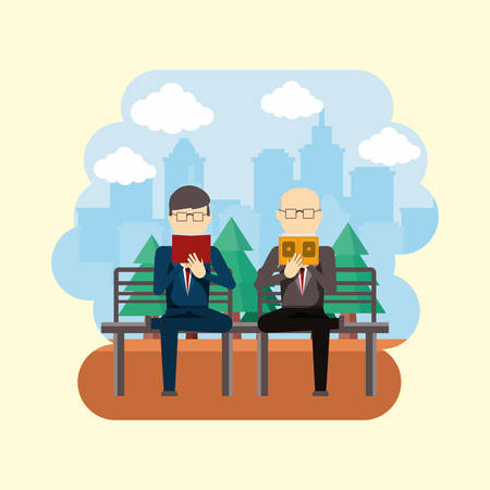 man and businessman reading a books sitting on a bench in the park  over yellow background, colorful design. vector illustrationのイラスト素材