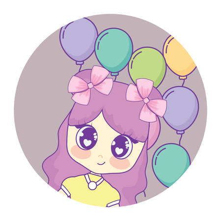happy birthday design with cute asian girl with balloons over white background, vector illustrationのイラスト素材