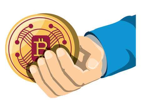 hand with bitcoin coin over white background, vector illustrationのイラスト素材