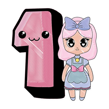 cute number one and anime girl icon over white background, vector illustrationのイラスト素材