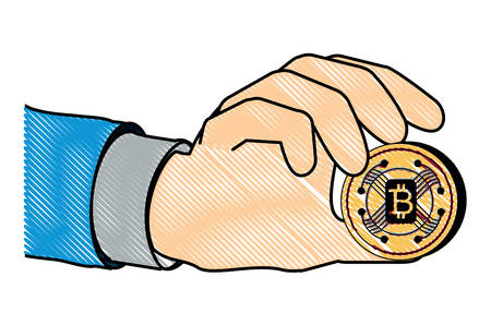 hand holding a bitcoin coin over white background, vector illustrationのイラスト素材