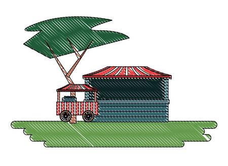 carnival circus design with food cart and ticket store over white background, vector illustrationのイラスト素材