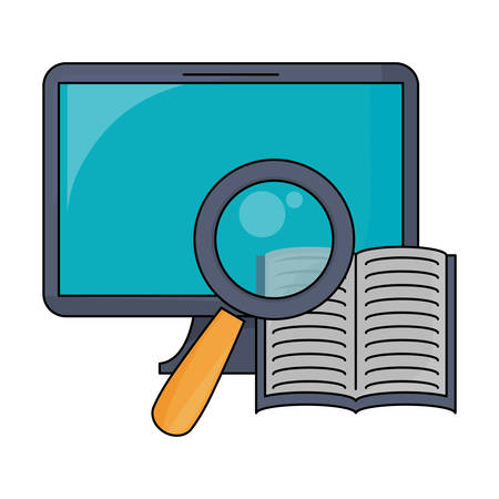 computer with book and lupe over white background, vector illustrationのイラスト素材