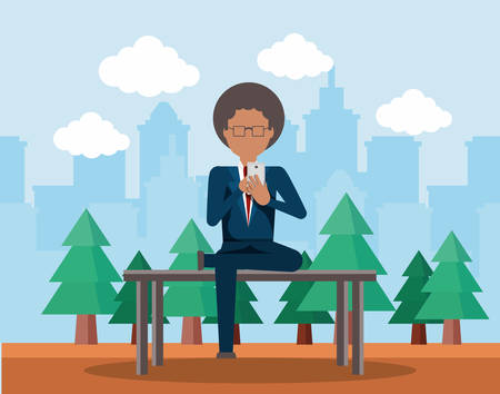 businessman using a cellphone sitting on a bench in the park over yellow background, colorful design. vector illustrationのイラスト素材