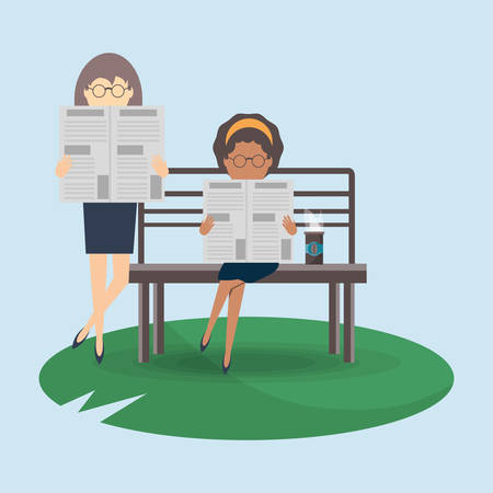 women reading a newspaper and sitting on a bench over blue background, colorful design. vector illustrationのイラスト素材