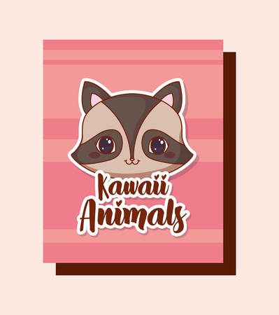 kawaii raccoon over pink colorful squares and background. vector illustrationのイラスト素材