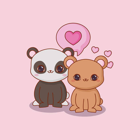 kawaii panda bear and bear with speech bubble with heart icon over pink background, colorful design. vector illustrationのイラスト素材