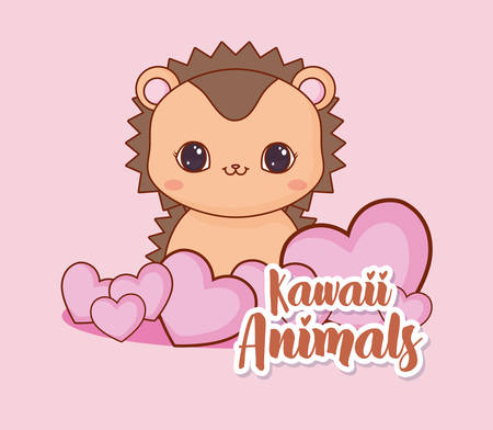 kawaii porcupine and hearts over pink background, colorful design. vector illustrationのイラスト素材