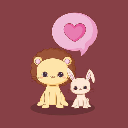 kawaii lion and rabbit with speech bubble with heart icon over red background, colorful design. vector illustrationのイラスト素材