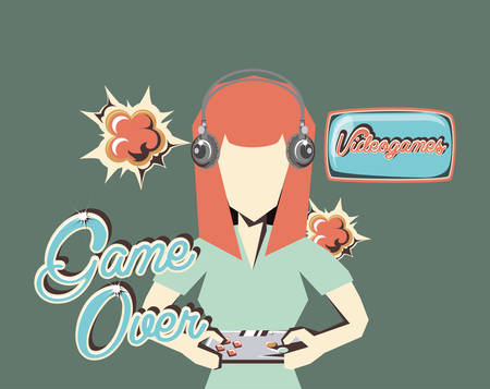 retro videogames design with avatar woman with headphones and playing videogames over background, colorful design. vector illustrationのイラスト素材