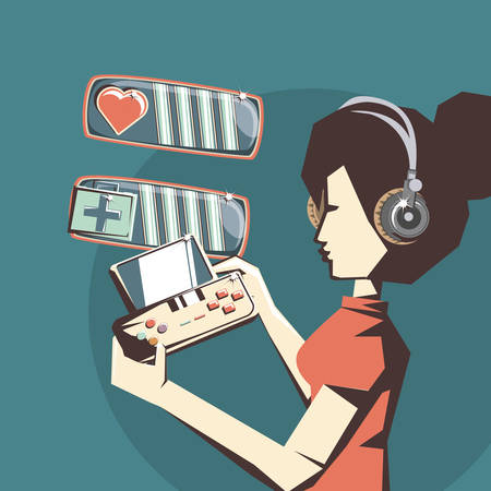 retro videogames design with avatar woman with headphones and playing videogames over background, colorful design. vector illustrationのイラスト素材