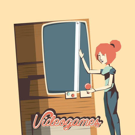 girl playing in Arcade machine over yellow background, colorful design. vector illustrationのイラスト素材