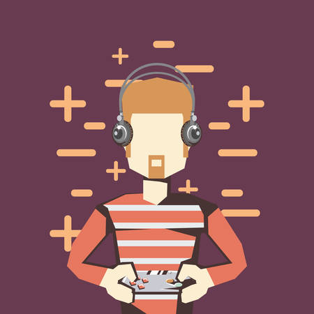 retro videogames design with avatar man with headphones and gamepad  over purple background, colorful design. vector illustrationのイラスト素材