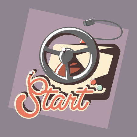 retro videogames design with steering wheel controller over purple background, colorful design. vector illustrationのイラスト素材