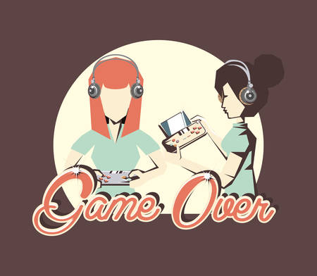 retro videogames design with avatar woman playing videogames over background, colorful design. vector illustrationのイラスト素材