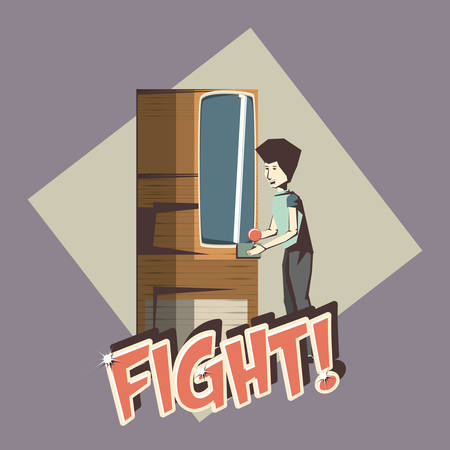 Retro videogames design with man playing in Arcade machine over purple background, colorful design. vector illustrationのイラスト素材