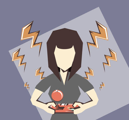 retro videogames design with avatar woman playing videogames over purple background, colorful design. vector illustrationのイラスト素材