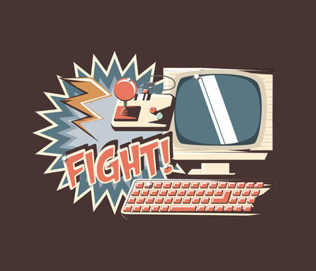 retro videogames design with computer and related icons over brown background, colorful design. vector illustrationのイラスト素材